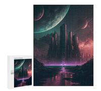 Puzzle 500 PCS pour Adolescentes Alien Cityscape with Planets Puzzle pour Adultes, Jouet, Décoration Murale, Cadeaux pour Femmes, Cadeaux Uniques pour Anniversaire Et Noël 500 PCS