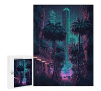 Puzzle 500 PCS pour Adolescentes Neon Cityscape with Palm Trees Puzzles pour Adolescentes Jeux Amusants Assemblage De Motifs Aide À Exercer Le Cerveau 500 PCS