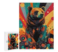 Puzzle 500 PCS pour Adolescents Bear with Vinyl Records Retro Bear Print Puzzle Adulte Jeu Manuel Décoration Intérieure Cadeaux Uniques pour Anniversaire Et Noël 500 PCS