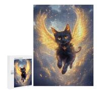 Puzzle 500 PCS pour Adolescents Black Cat with Golden Wings Black Cat Puzzle Jeux De Famille Assemblage De Motifs Cadeaux Uniques pour Anniversaire Et Noël 500 PCS