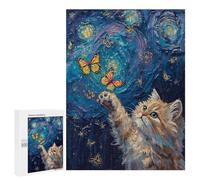 Puzzle 500 PCS pour Adolescents Cat Reaching for Butterflies in Starry Night Casse-têtes pour Adultes Jeux Relaxants Analyse Et Logique Interaction Parent-Enfant 500 PCS