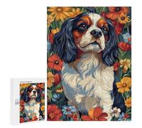 Puzzle 500 PCS pour Adolescents Cavalier King Charles Spaniel in Flowers Dog Wall Art Print Puzzles pour Adultes Jeux De Détente Décoration Intérieure Cadeaux Uniques pour Anniversaire Et Noël 500 PC