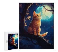 Puzzle 500 PCS pour Adolescents Cute Cat Looking at Moon Puzzle Jeux De Famille Assemblage De Motifs Cadeaux Uniques pour Anniversaire Et Noël 500 PCS
