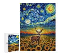 Puzzle 500 PCS pour Adolescents Deer in Sunflower Field, Starry Night Jeux De Puzzle Relaxants, Défi Difficile, Cadeaux Uniques pour Anniversaire Et Noël 500 PCS