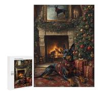 Puzzle 500 PCS pour Adolescents Doberman in Festive Sweater Dog Christmas Portrait by Fireplace Puzzle Jeux De Famille Assemblage De Motifs Cadeaux Uniques pour Anniversaire Et Noël 500 PCS