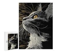 Puzzle 500 PCS pour Adolescents Elegant Cat Portrait in Scratchboard Style Puzzle Jeux De Famille Assemblage De Motifs Cadeaux Uniques pour Anniversaire Et Noël 500 PCS