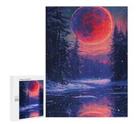Puzzle 500 PCS pour Adolescents Magical Winter Forest with Giant Red Moon Puzzle pour Adolescents Améliore La Mémoire Défi À Compléter Amusant en Famille Et Soirée Jeux 500 PCS