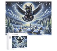 Puzzle 500 PCS pour Adolescents Magical Winter Night Scene with Flying Cat Puzzles pour Adultes Jeux De Détente Décoration Parfaite Interaction Parent-Enfant 500 PCS