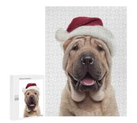 Puzzle 500 PCS pour Adolescents Shar Pei Dog Wearing Santa Hat Puzzle Jeux De Famille Assemblage De Motifs Cadeaux Uniques pour Anniversaire Et Noël 500 PCS