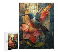 Puzzle 500 PCS pour Adolescents Vibrant Hummingbird and Flower in Stained Glass Casse-têtes pour Adultes Jeux Relaxants Analyse Et Logique Interaction Parent-Enfant 500 PCS