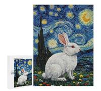 Puzzle 500 PCS pour Adolescents White Rabbit in Starry Night Style Puzzle Jeux De Famille Assemblage De Motifs Cadeaux Uniques pour Anniversaire Et Noël 500 PCS