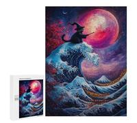 Puzzle 500 PCS pour Adolescents Wizard Cat and The Great Wave Puzzle Adulte Jeu Manuel Décoration Intérieure Cadeaux Uniques pour Anniversaire Et Noël 500 PCS
