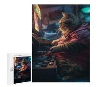 Puzzle 500 PCS pour Adultes Funny Fat Hacker Cat Nerd Puzzle pour Adultes Jeu Manuel Décoration Murale Aide À Stimuler Le Cerveau 500 PCS