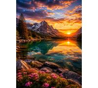 Puzzle 500 Pieces Adulte Lever du Soleil Lac Flowers 52x38 cm éducatif Challenge Classique Puzzles pour Famille Amis