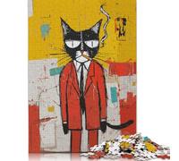 Puzzle 500 pièces Chat Cool en Costume Rouge Puzzle en Bois pour Adultes et à partir de 18 Ans Jeu intellectuel 500 pièces (52x38cm)