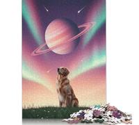 Puzzle 500 pièces Chien regardant Saturne dans l'espace Puzzle en Bois pour Adultes et à partir de 18 Ans Jeu intellectuel 500 pièces (52x38cm)