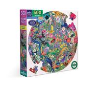 Eeboo Puzzle 500 pièces Paradise Garden – format rond 58,5 cm, illustrations de fleurs et d'oiseaux