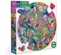 Eeboo Puzzle 500 pièces Paradise Garden – format rond 58,5 cm, illustrations de fleurs et d'oiseaux