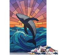Puzzle 500 pièces en Bois représentant Une Baleine sautant de l'océan, idéal pour Les Adultes et Les Enfants (500 pièces, 52 x 38 cm).