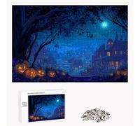 Puzzle 500 Pièces - Halloween & Petite Ville - Puzzle en Bois Durable avec Lettres au Dos - Jeu sans Poussière avec Affiche - Modèle pour Collectionneurs et 14 Ans et Plus (52 x 38 cm) P3#258