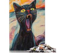 Puzzle 500 pièces pour adultes - Chat noir criant - Peinture - Puzzle en bois - Jouet de divertissement familial - 500 pièces (52 x 38 cm)