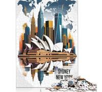Puzzle 500 pièces pour Adultes - Illustration des paysages urbains de Sydney et New York - Puzzle en Bois - Décoration familiale - 500 pièces (52 x 38 cm)