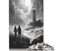 Puzzle 500 pièces « Rive Romantique et orageuse avec Phare » au Fusain pour Adultes. Cadeau de Noël. Puzzle Durable pour Adultes (52 x 38 cm).