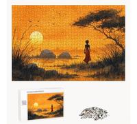 Puzzle 520 Pièces - Coucher de Soleil & Afrique - Puzzle en Bois Durable avec Lettres au Dos - Jeu sans Poussière avec Affiche - Modèle pour Collectionneurs et 14 Ans et Plus (52 x 38 cm) P3#220