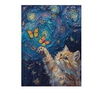 Puzzle 52x38cm/1000pcs pour Adolescentes Cat Reaching for Butterflies in Starry Night Puzzles pour Adolescentes - Jeux Relaxants pour Toute La Famille - Anniversaire, Noël 52x38cm/1000pcs