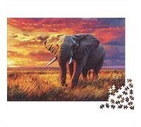 Puzzle 52x38cm/1000pcs pour Adultes Beau et coloré Coucher de Soleil,pour Femmes Et Hommes,Planche en Bois,Verrouillage De Précision Éléphants on The Grassland