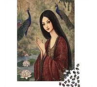 Puzzle 70x50cm/1000pcs pour Adultes Belle Dame,pour Femmes Et Hommes,Planche en Bois,Verrouillage De Précision Lotus Paon