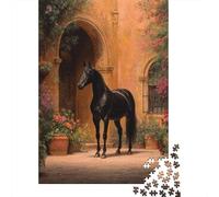 Puzzle 70x50cm/1000pcs pour Adultes Black Cheval Arabe,pour Femmes Et Hommes,Planche en Bois,Verrouillage De Précision Cour d'une Villa méditerranéenne