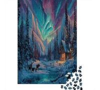 Puzzle 70x50cm/1000pcs pour Adultes Cabane,pour Femmes Et Hommes,Planche en Bois,Verrouillage De Précision Aurores boréales