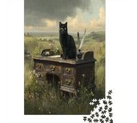 Puzzle 70x50cm/1000pcs pour Adultes Chat Noir, Table Ancienne,pour Femmes Et Hommes,Planche en Bois,Verrouillage De Précision Magnifique Paysage de Campagne