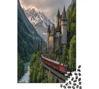 Puzzle 70x50cm/1000pcs pour Adultes Château médiéval en Pierre,pour Femmes Et Hommes,Planche en Bois,Verrouillage De Précision Train de Voyageurs Rouge Vif