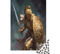 Puzzle 70x50cm/1000pcs pour Adultes Guerrier en Armure de plaques dorées, Tenant Une épée et Un Bouclier,pour Femmes Et Hommes,Planche en Bois,Verrouillage De Précision