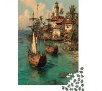 Puzzle 70x50cm/1000pcs pour Adultes L'âge d'or des Pirates, Coffre-Fort Port,pour Femmes Et Hommes,Planche en Bois,Verrouillage De Précision