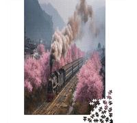 Puzzle 70x50cm/1000pcs pour Adultes Train à Vapeur avec des cerisiers en Fleurs Roses sur Le flanc,pour Femmes Et Hommes,Planche en Bois,Verrouillage De Précision