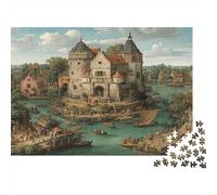 Puzzle 70x50cm/1000pcs pour Adultes Un château médiéval en Pierre, peuplé d'humains et d'animaux,pour Femmes Et Hommes,Planche en Bois,Verrouillage De Précision