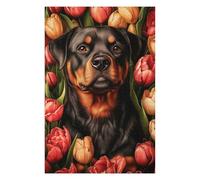 Puzzle 75x50cm/1000pcs pour Adolescents Rottweiler with Tulips Puzzles pour Adultes Jeu Manuel Décoration Murale Interaction Parent-Enfant 75x50cm/1000pcs