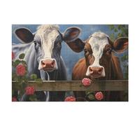Puzzle 75x50cm/1000pcs pour Adolescents Two Cows Behind A Fence with Pink Roses Puzzle pour Adultes Jeu Manuel Découpe De Précision Idéal comme Cadeau pour Toute La Famille 75x50cm/1000pcs