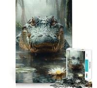 Puzzle Adulte 1000 pièces Alligator dans Un Marais avec nénuphar Jeu de Stimulation Cognitive Conception sans Espace Cadeau d'anniversaire Casse-tête (38x52cm)