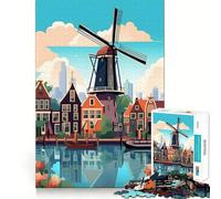 Puzzle Adulte 1000 pièces Amsterdam Moulin à Vent Voyage Découpe précise Art Activité cérébrale Amusante Détente Jeu Décoration de Noël pour la Maison (50x75cm)