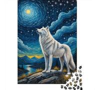 Puzzle Adulte 1000 Pièces, Arctic Wolf Starry Night, 52x38cm/1000pcs, Pièces Blanches Peu Poussiéreuses; pour Progresser À Son Propre Rythme