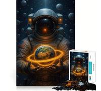 Puzzle Adulte 1000 pièces Astronaute Tenant la Terre avec Un Anneau Découpe Lisse Art Jeu d'entraînement cérébral Jeu de Loisirs Amusant Cadeau d'anniversaire (38x26cm)
