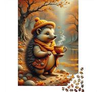 Puzzle Adulte 1000 Pièces Autumn Hedgehog with Hot Beverage Puzzle Adulte Jeux De Famille Modèle À Assembler Offre Spéciale Cadeaux pour Toute La Famille 38x26cm/1000pcs