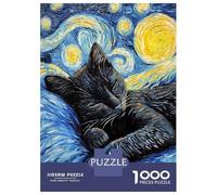 Puzzle Adulte 1000 Pièces, Black Cat Sleeping Night, Soirée en Famille, Idée Cadeau Noël, Découpe Précise, 38x26cm/1000pcs