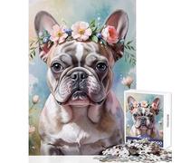 Puzzle Adulte 1000 pièces Bouledogue français avec Couronne de Fleurs Aquarelle Jeu éducatif Cadeau pour Femmes et Hommes Casse-tête pour stimuler Votre Cerveau et Votre dextérité Dimensions 50x75cm