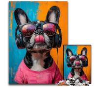 Puzzle Adulte 1000 pièces Bulldog écoutant de la Musique Puzzle en Bois Casse-tête, Anniversaire et Cadeaux Uniques pour Les 14 Ans et Plus 50x75cm