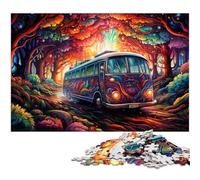 Puzzle Adulte 1000 pièces Bus d'art psychédélique coloré Puzzle avec Affiche et fiche de Questions réponses Assorties 1000 pièces (38 x 26 cm)